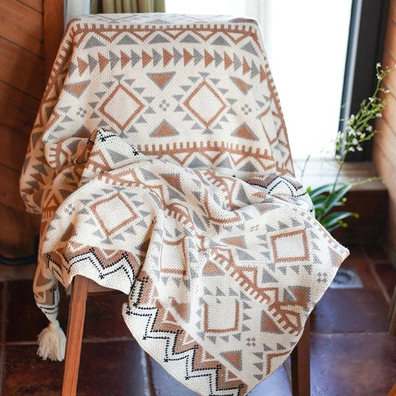 Boho Knitted Throw with Brown Tassels
