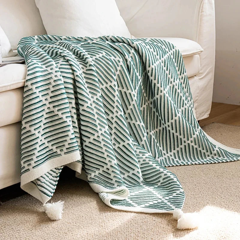 Checkered Knit Tassel Bedspread Throw