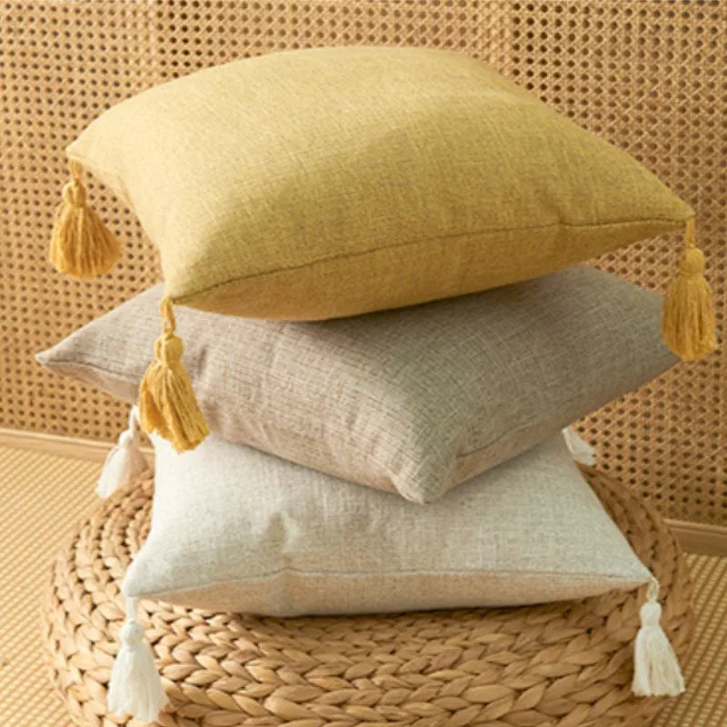 Linen Look Tassel Cushion Covers, Set of 2