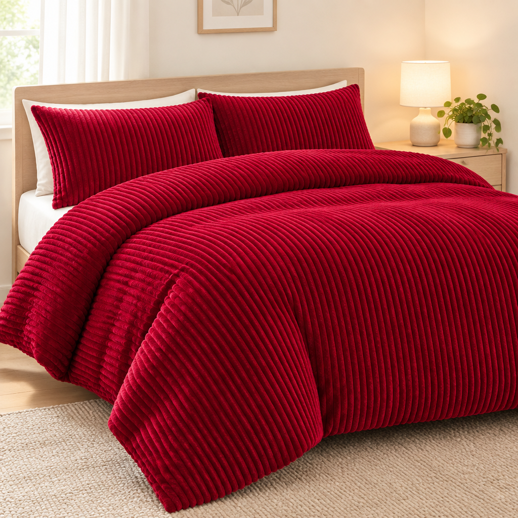 Red ribbed plush duvet cover on a made bed in a neutral bedroom