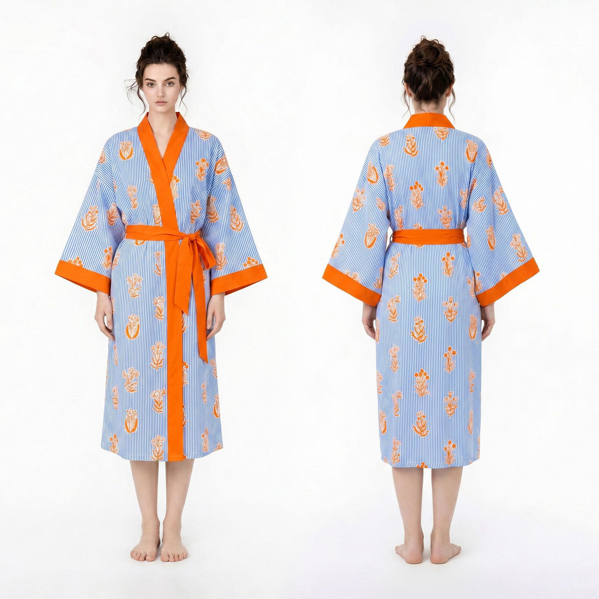 Lyocell kimono robe in Blue and Orange Blossom