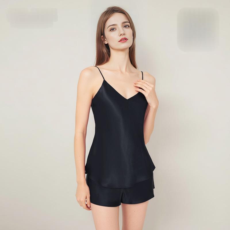 Mulberry silk camisole pajama set in Black