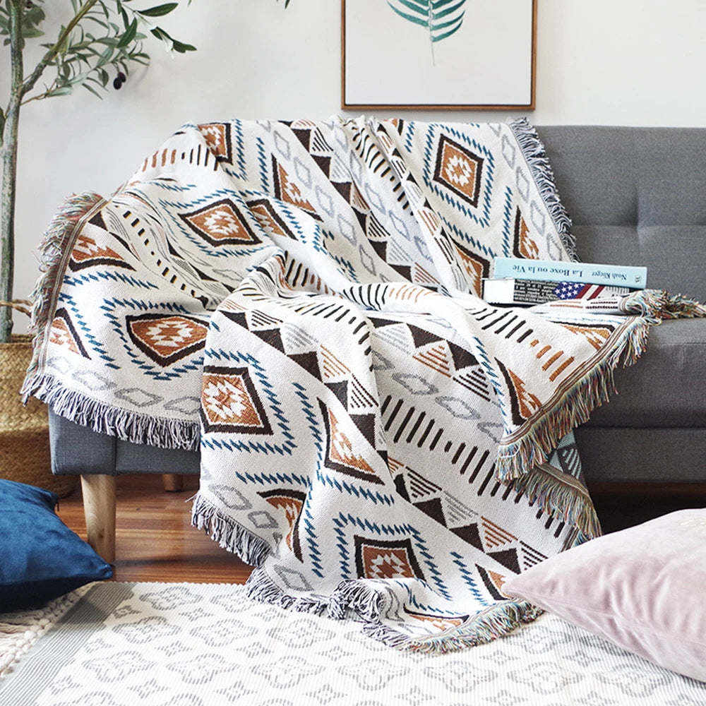 Aztec Knitted Throw Blanket with Tassels