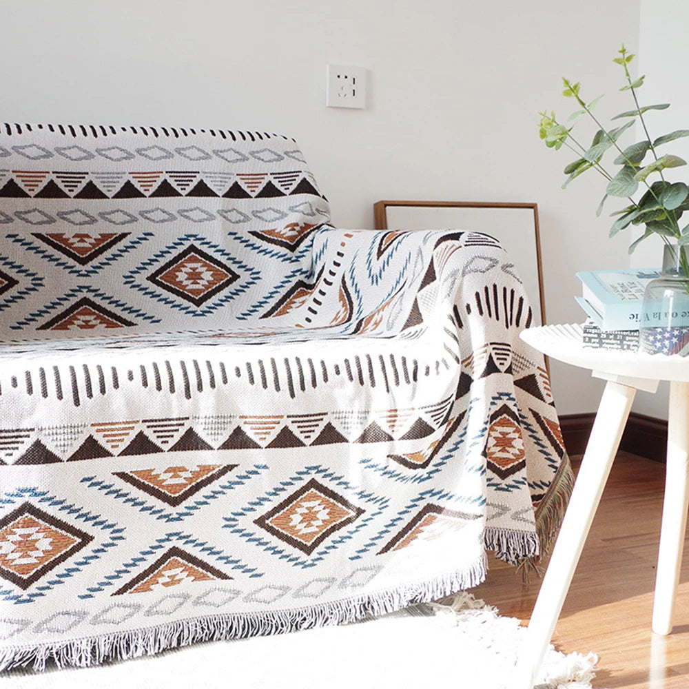 Aztec Knitted Throw Blanket with Tassels