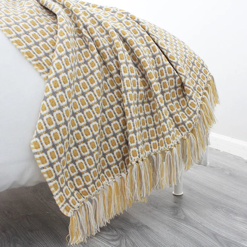 Yellow Tassel Knitted Throw Blanket