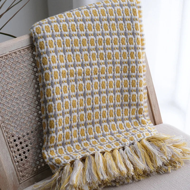 Yellow Tassel Knitted Throw Blanket
