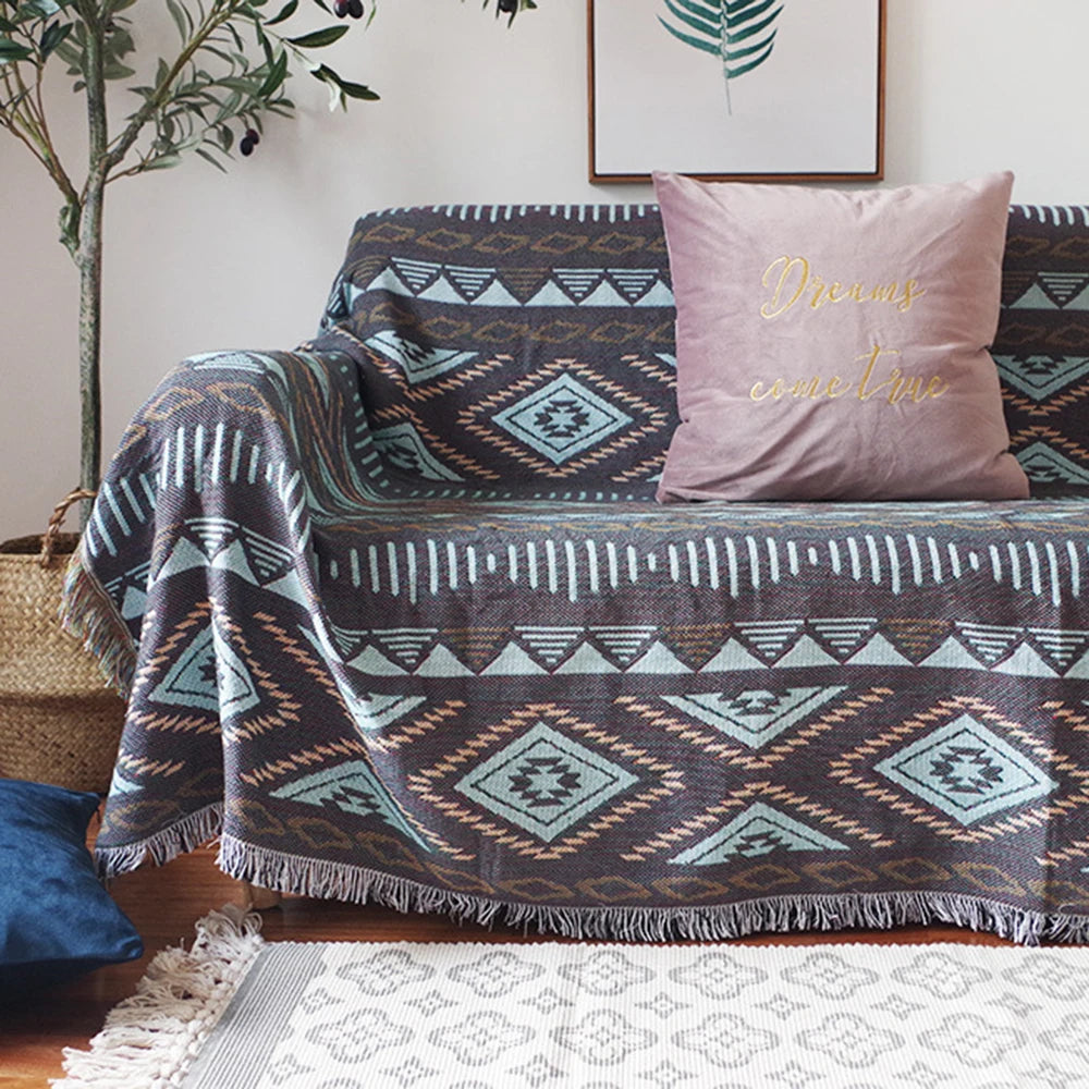 Aztec Knitted Throw Blanket with Tassels