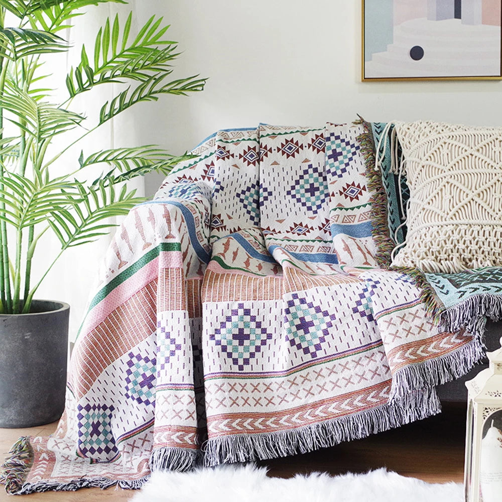 Aztec Knitted Throw Blanket with Tassels