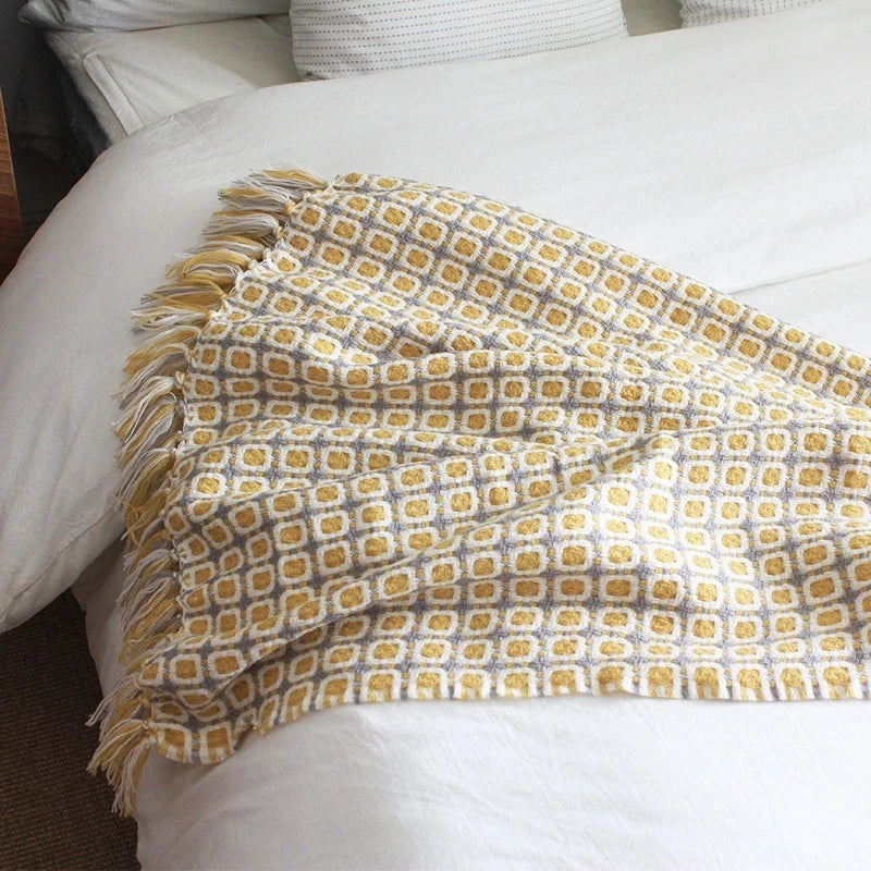 Yellow Tassel Knitted Throw Blanket
