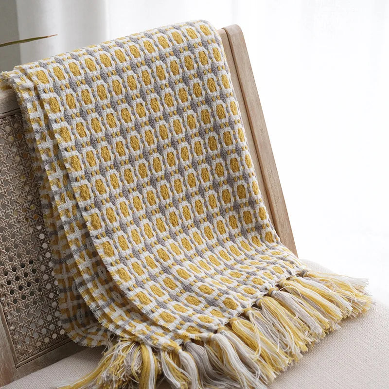 Yellow Tassel Knitted Throw Blanket