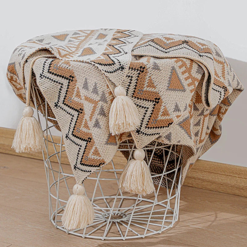Boho Knitted Throw with Brown Tassels