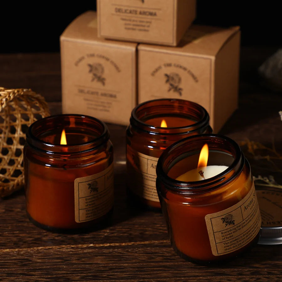Brown Glass Jar Scented Candles, Set of 3