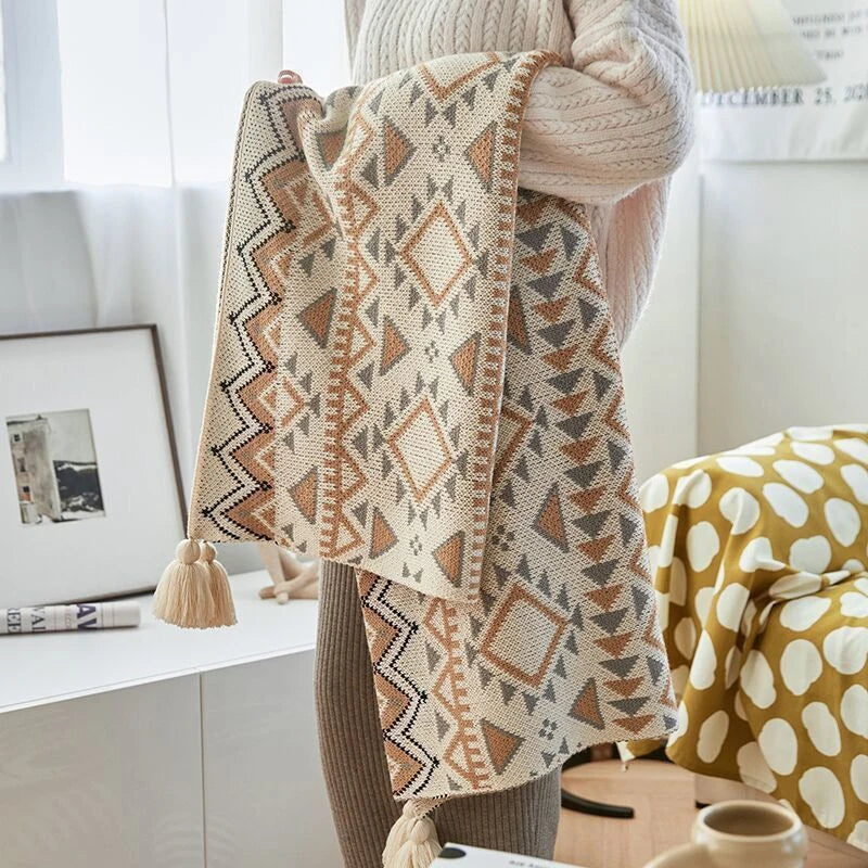 Boho Knitted Throw with Brown Tassels