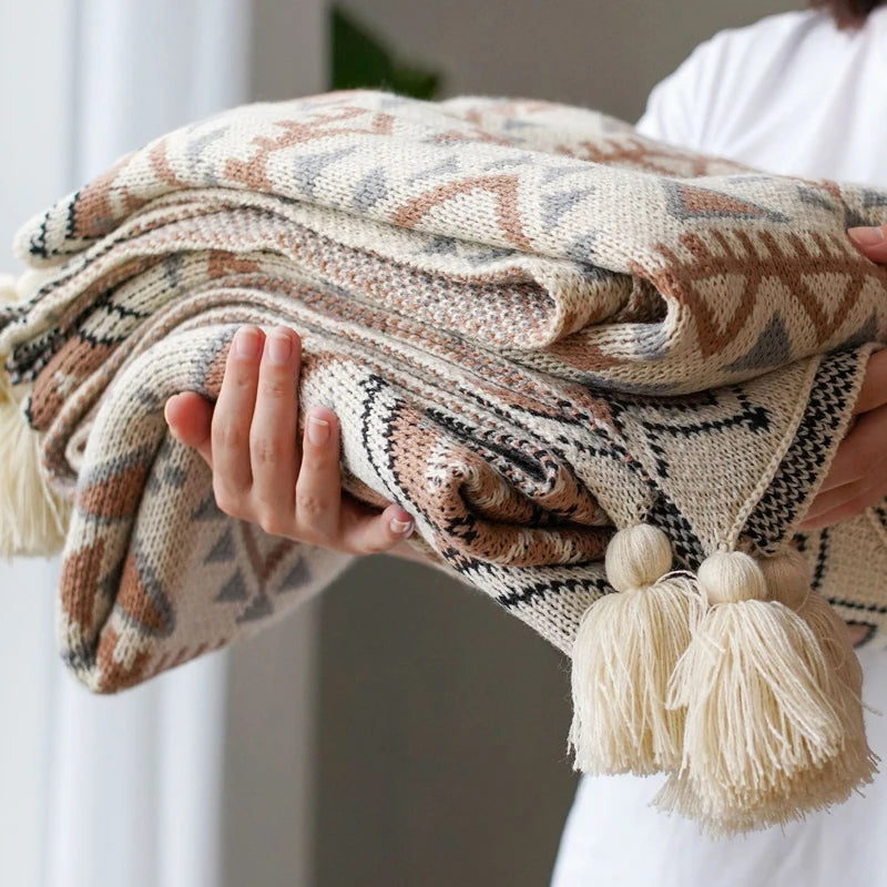 Boho Knitted Throw with Brown Tassels