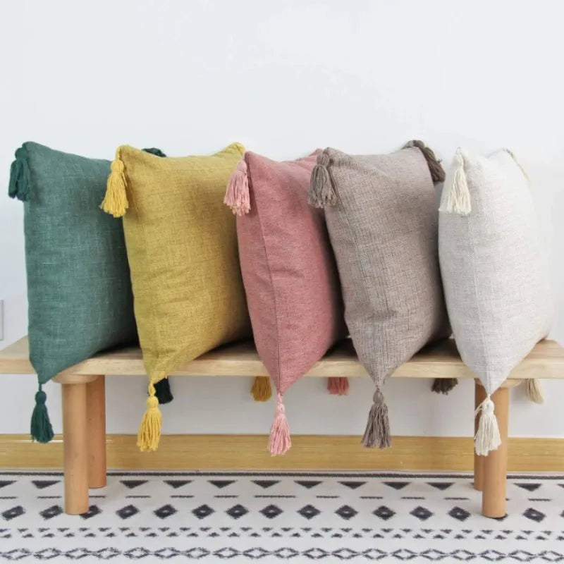 Linen Look Tassel Cushion Covers, Set of 2