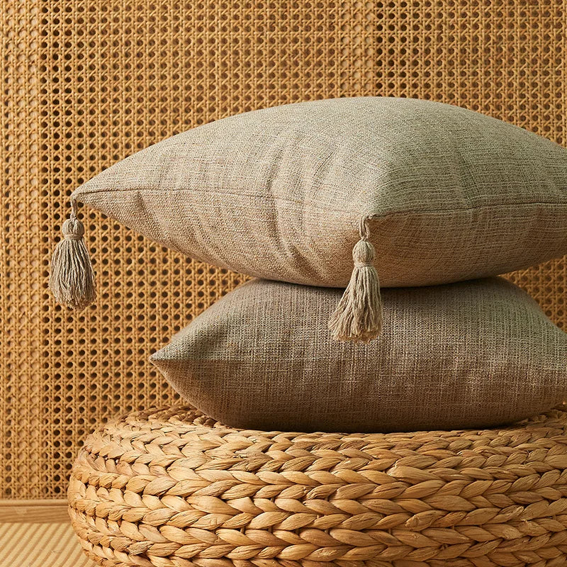 Linen Look Tassel Cushion Covers, Set of 2