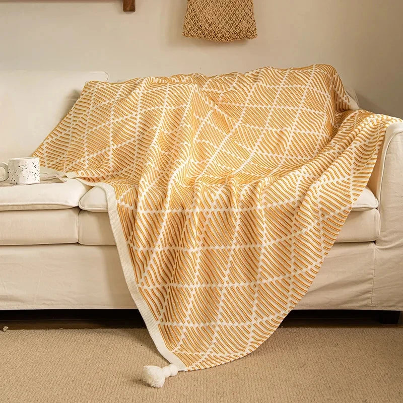 Checkered Knit Tassel Bedspread Throw