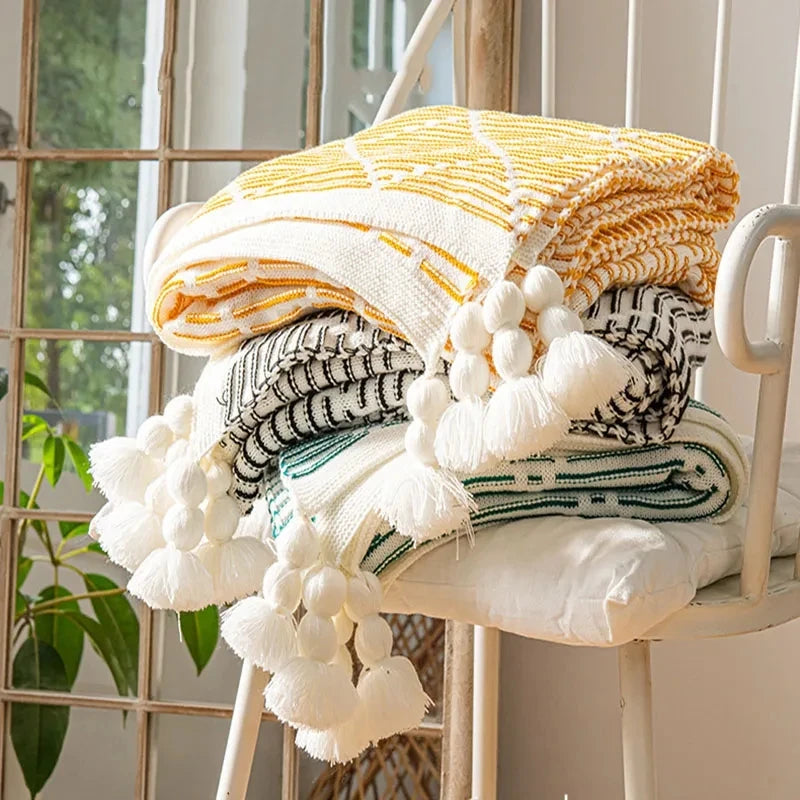 Checkered Knit Tassel Bedspread Throw