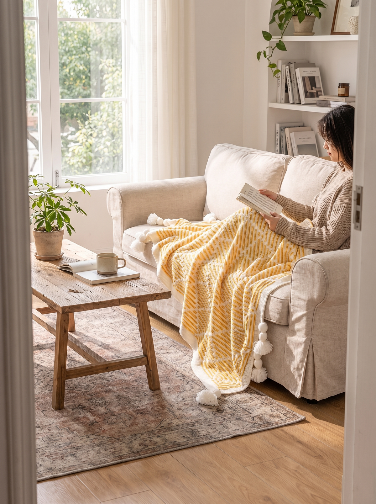 Checkered knit tassel bedspread throw texture in a room