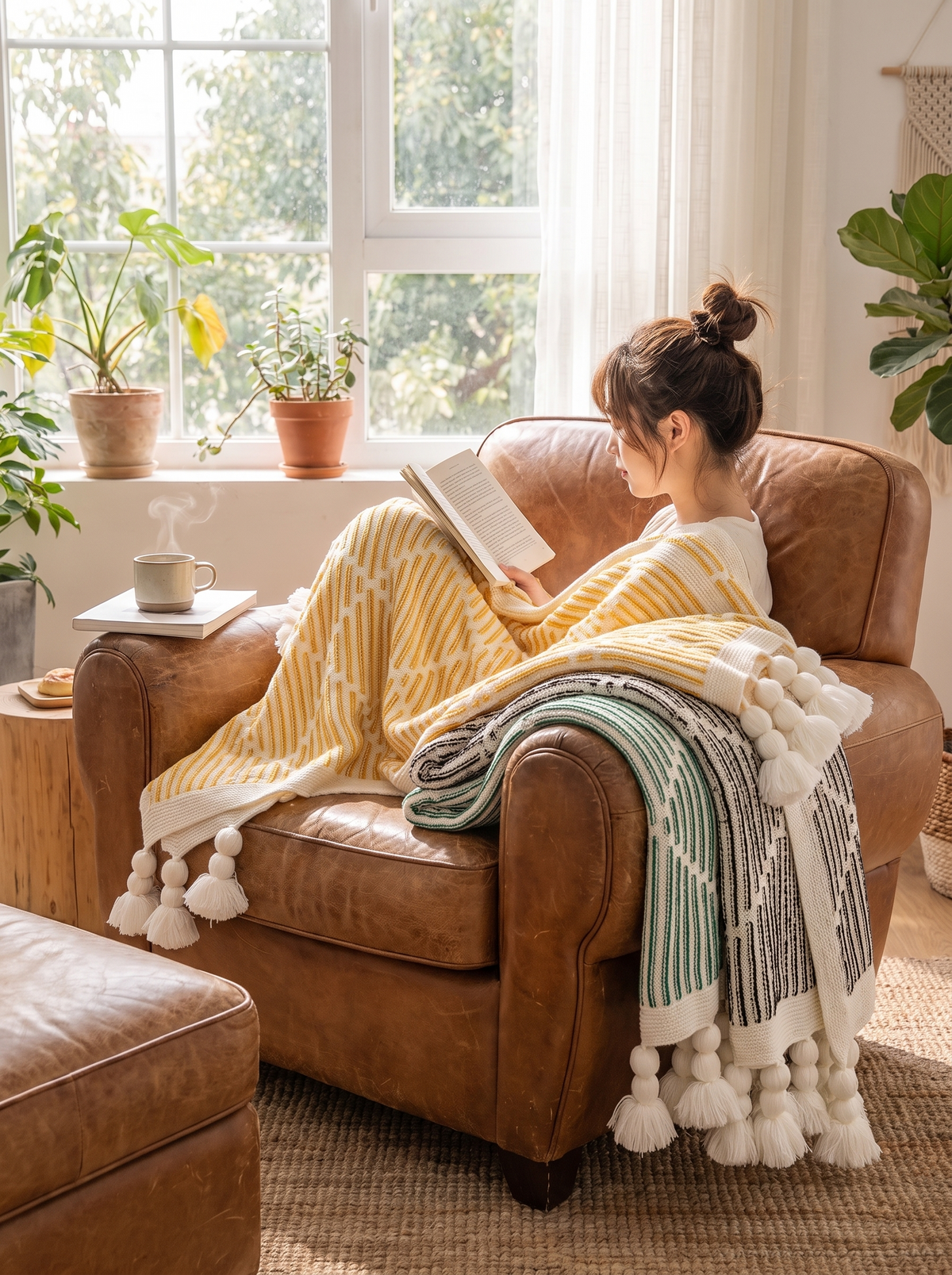 Checkered knit throw with tassels finishing a sofa