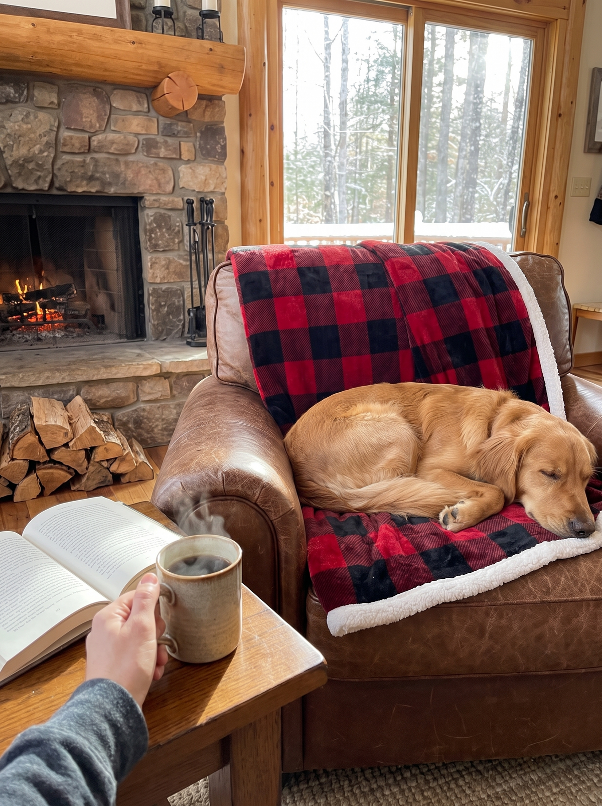 Buffalo plaid sherpa Christmas throw blanket in a cosy room