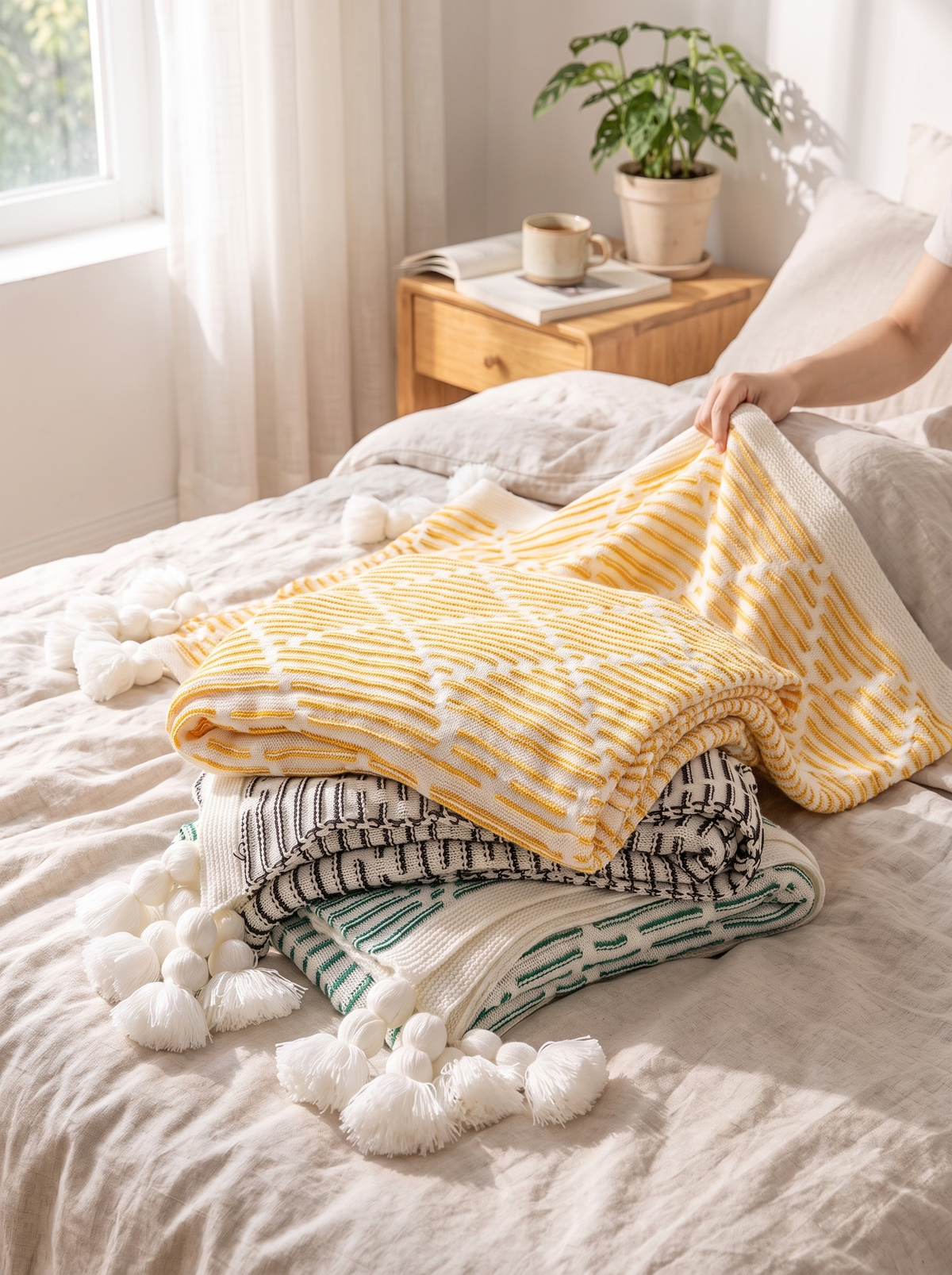 Checkered knit throw used as a light cover