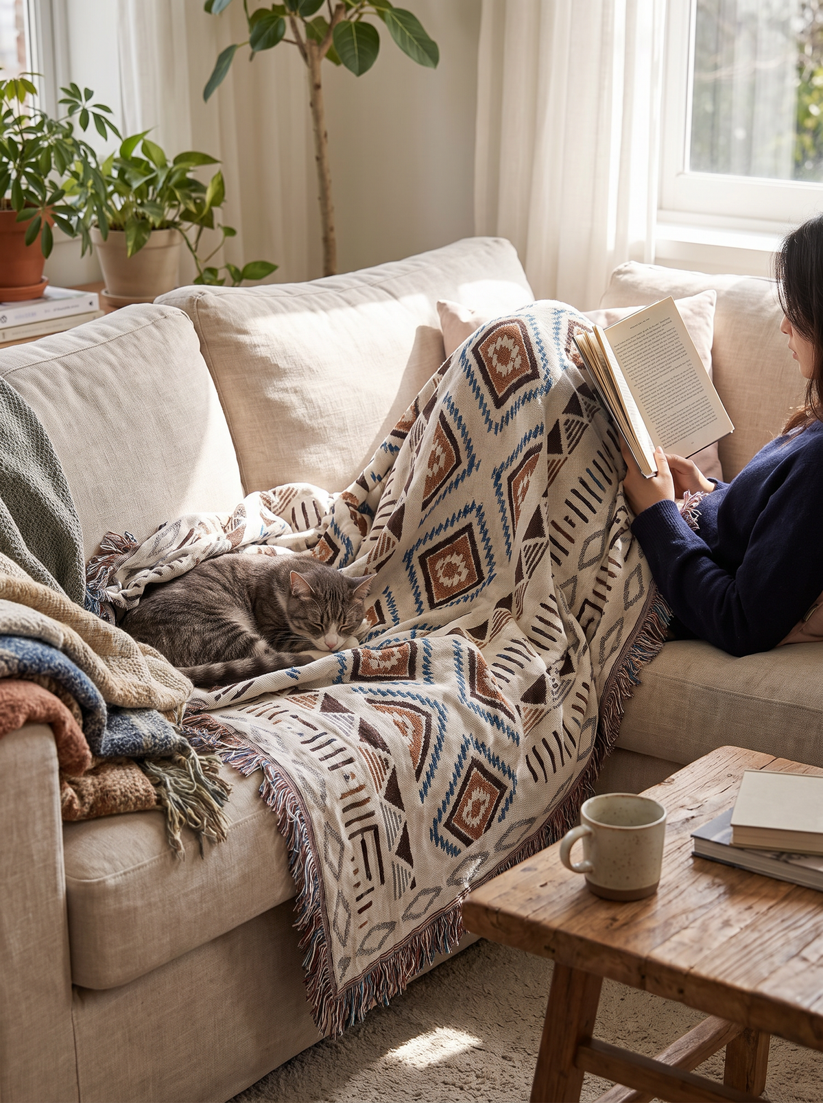 Scandi checkered knitted throw styled on a bed