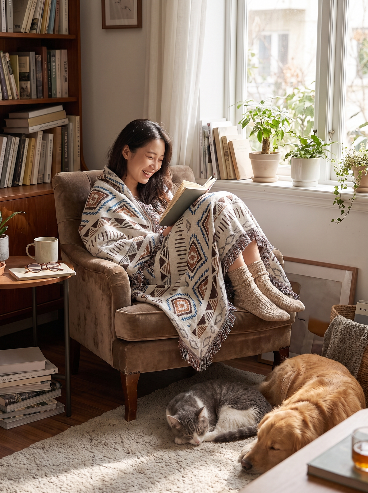 Scandi knitted throw holding its shape on a chair