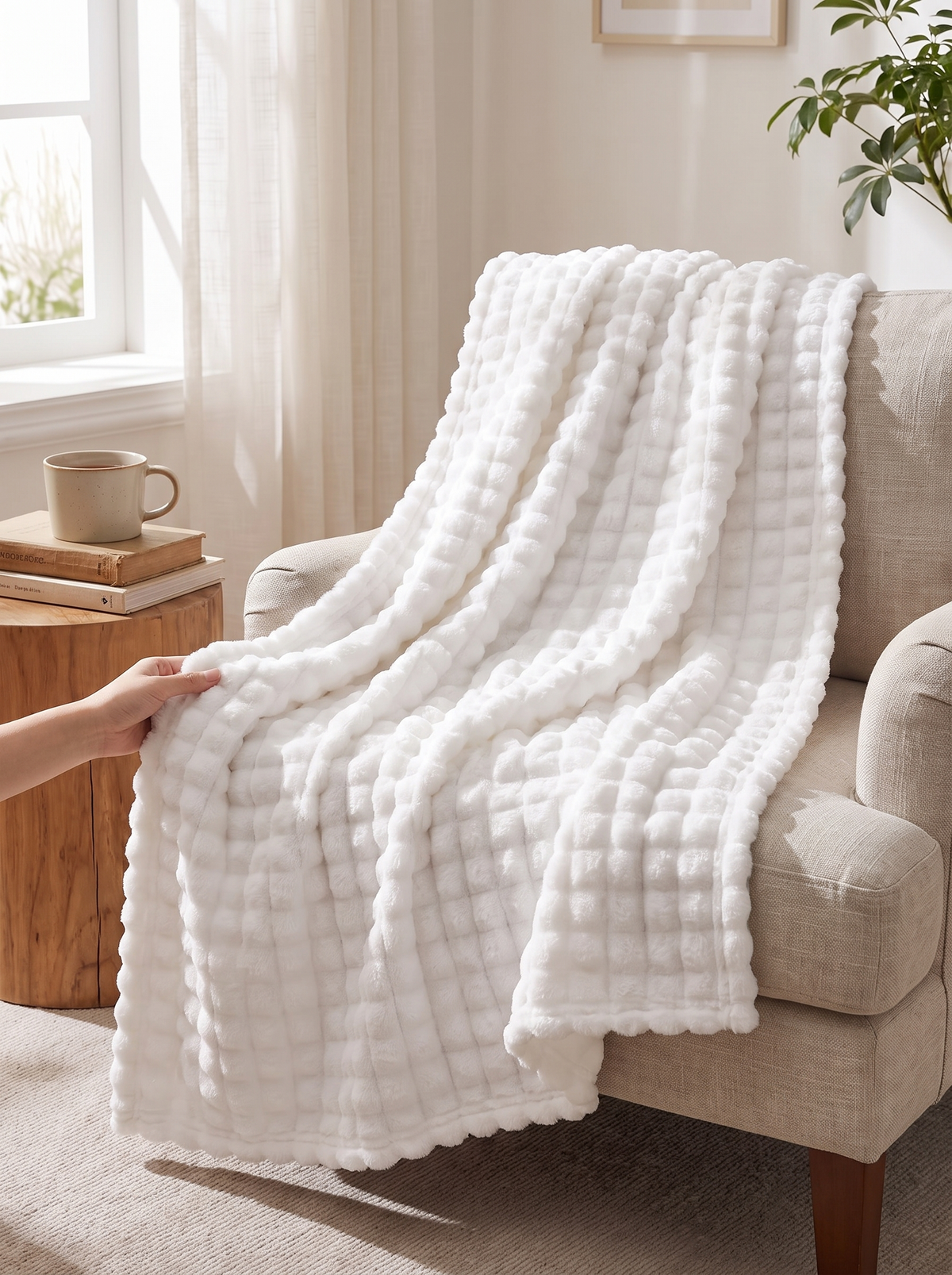 White bubble plush throw styled on a sofa