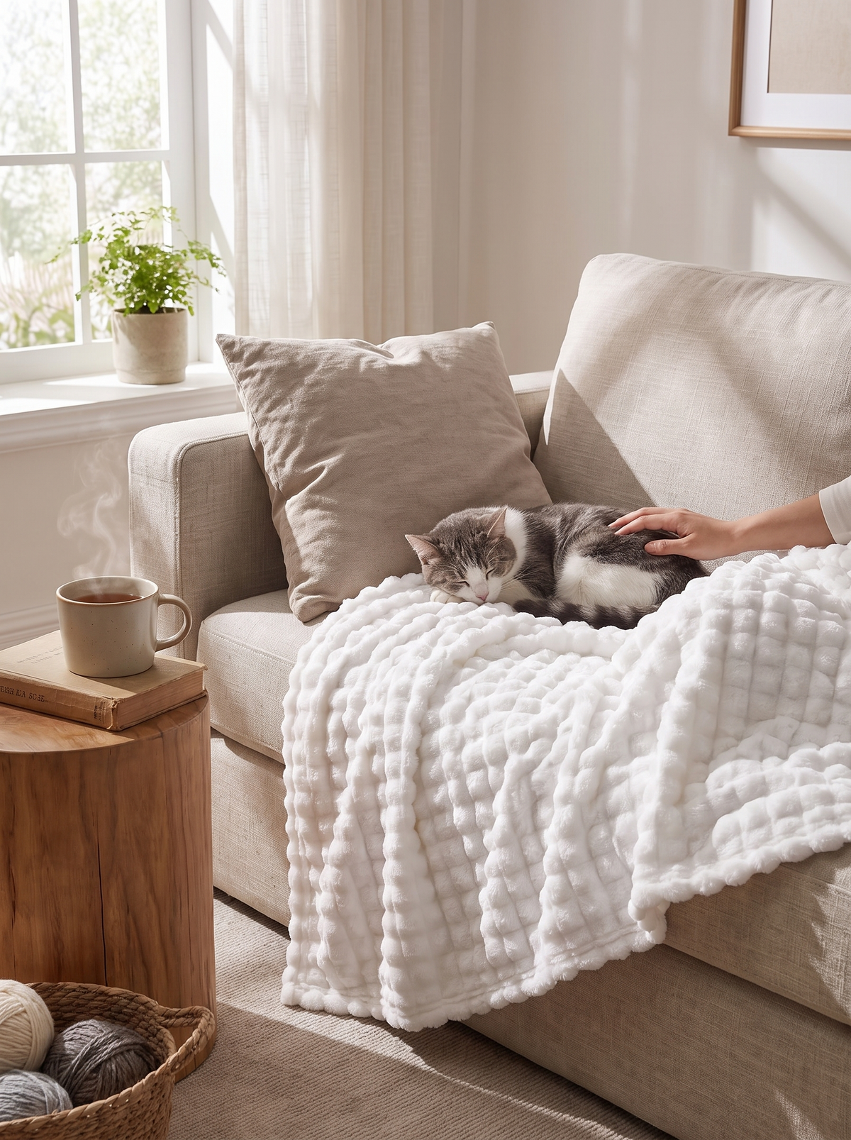 Bubble textured throw keeping warmth in