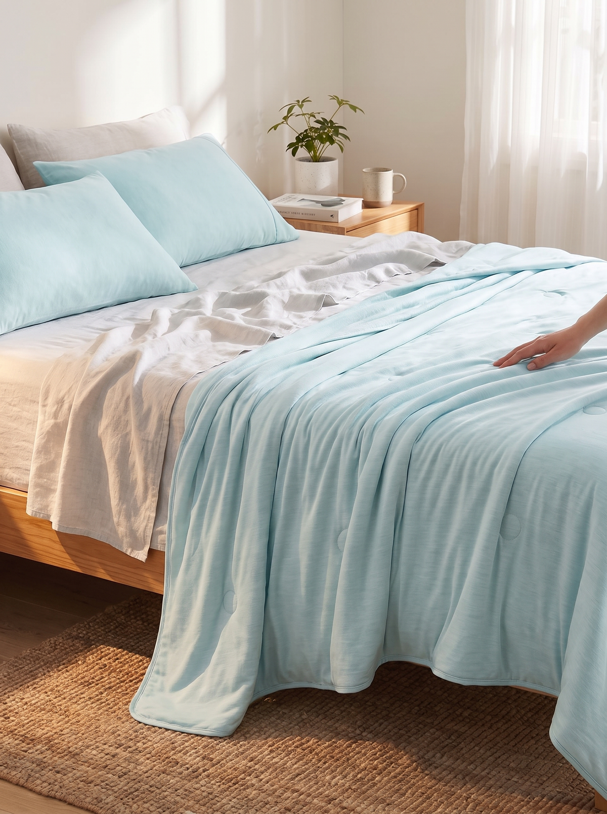 Silky cold touch summer blanket pulled over a bed