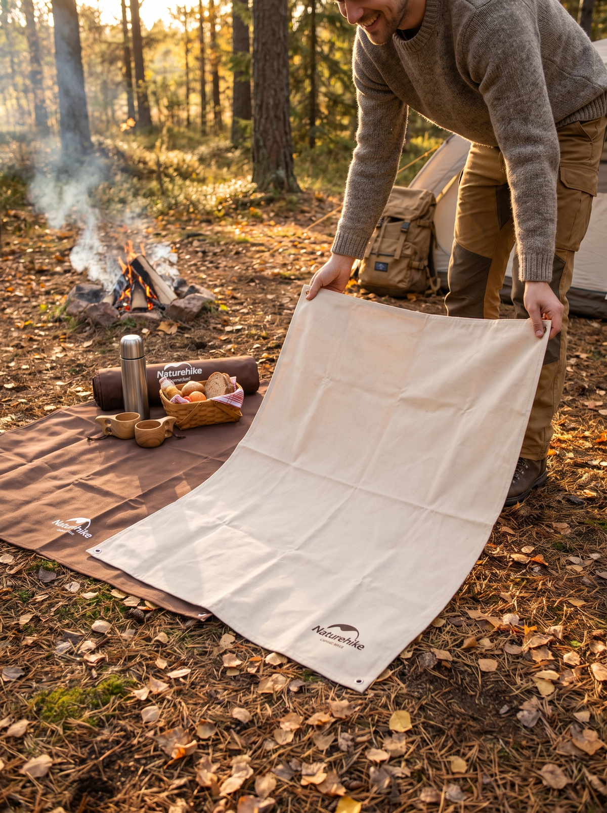 Picnic blanket rolled and carried to a campsite
