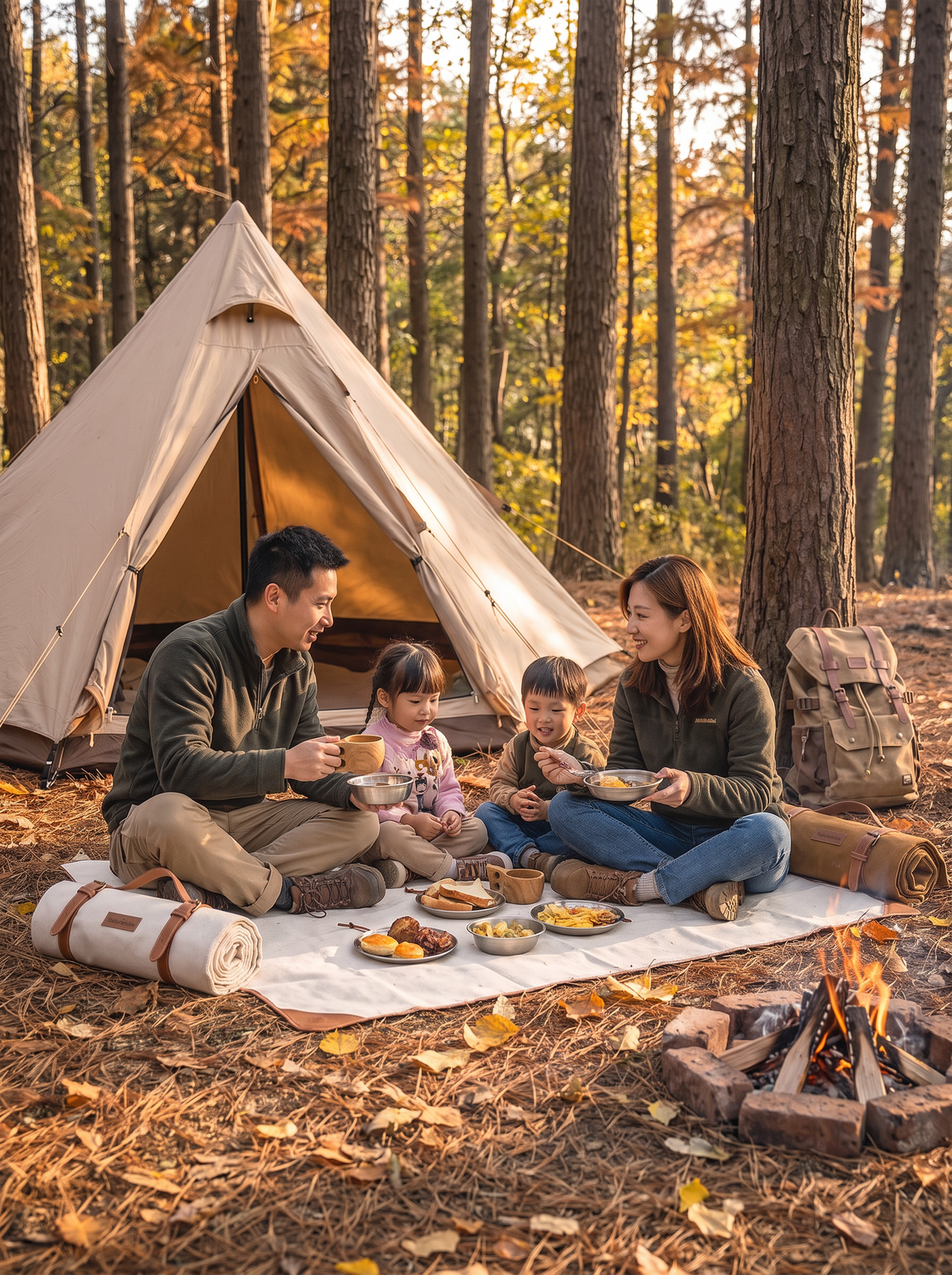 Portable canvas picnic blanket spread for four people