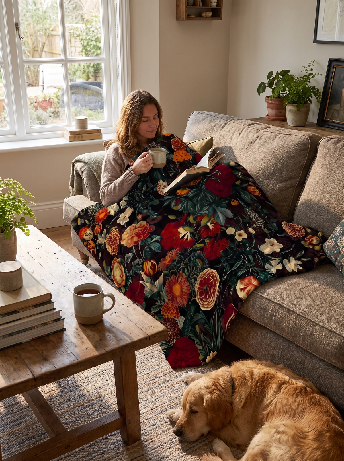 Printed flannel throw used at a desk and on the go