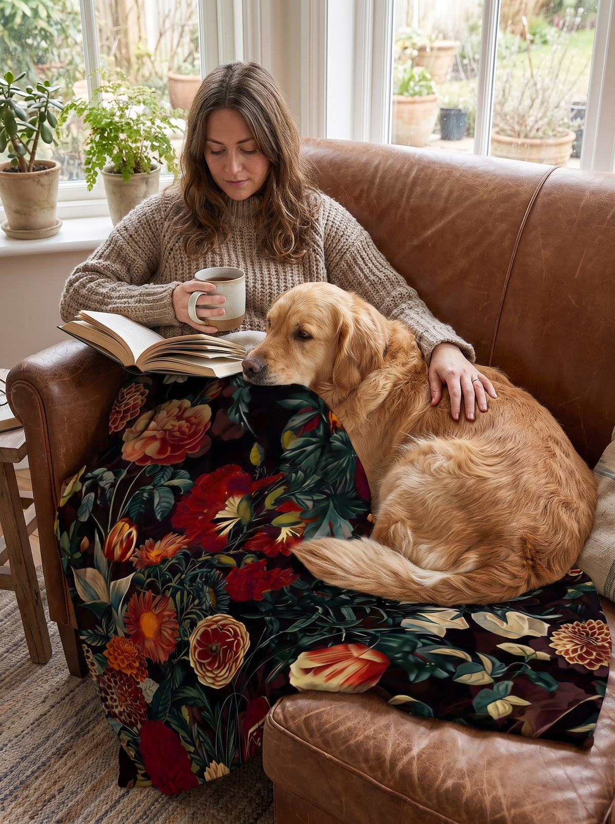 Printed flannel throw pattern styled in a room