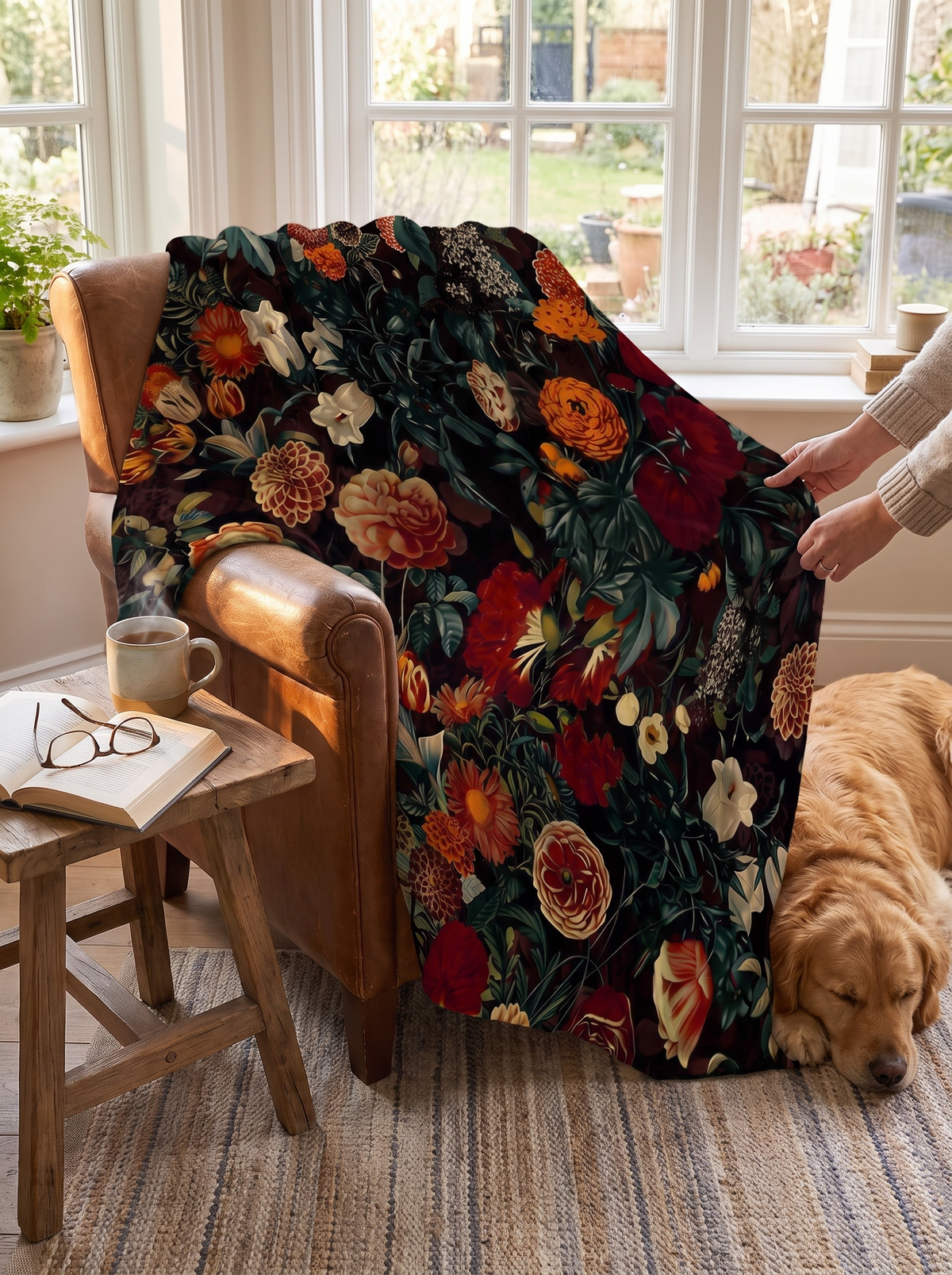 Printed flannel throw blanket warming a couch