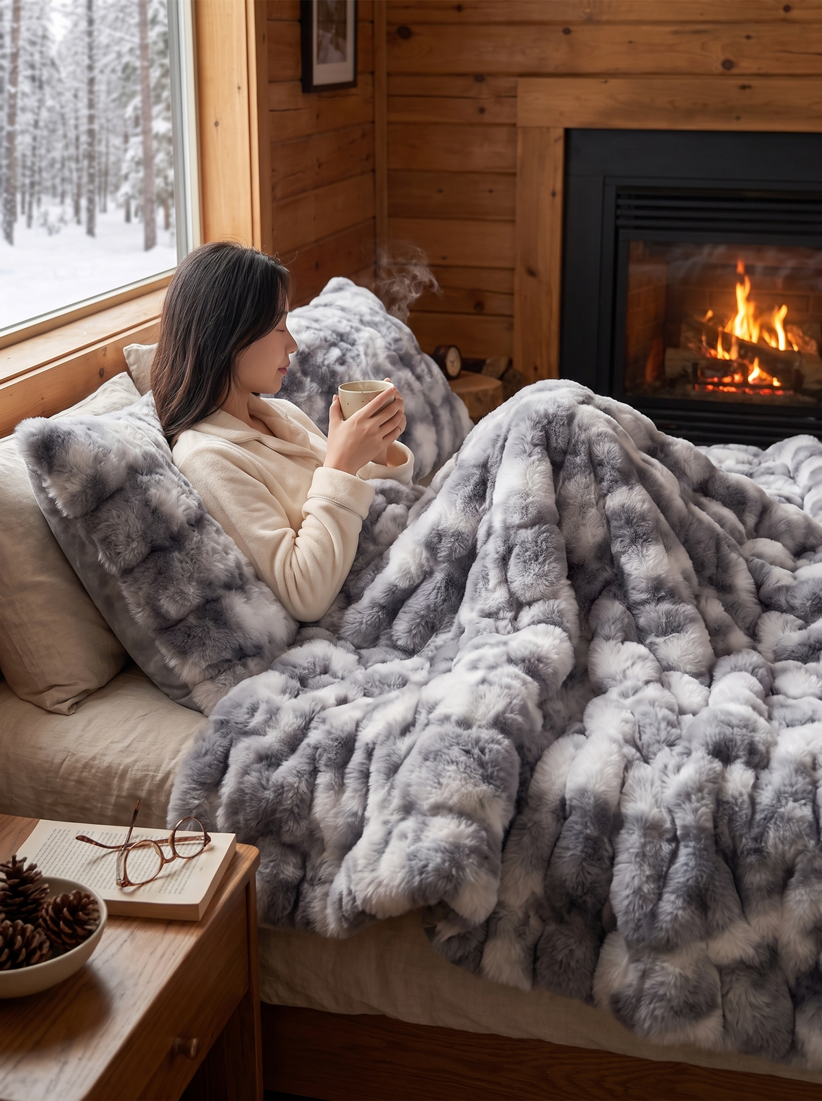 French faux fur tie dye throw on a winter sofa