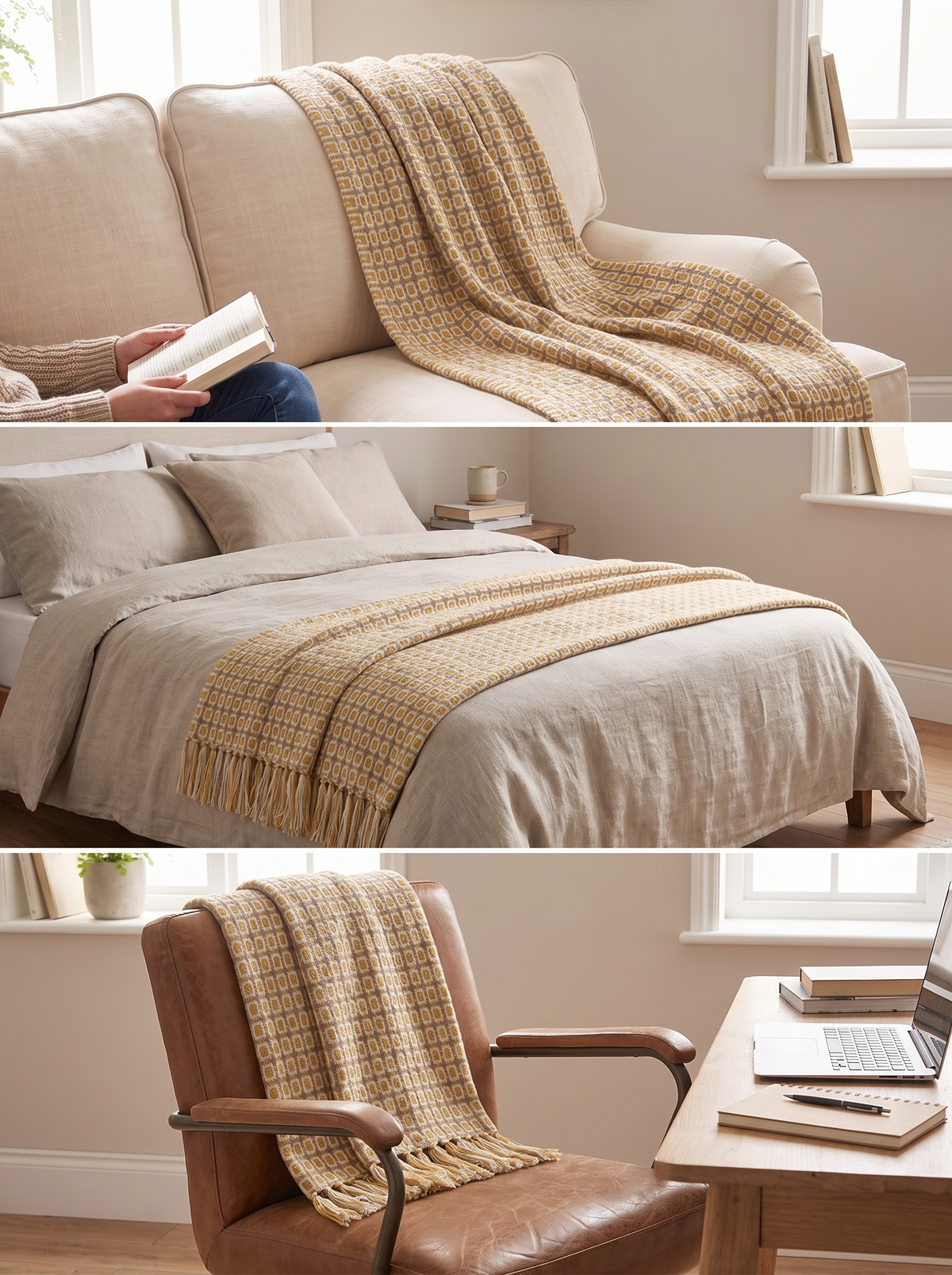Yellow knitted throw over a sofa and bed end