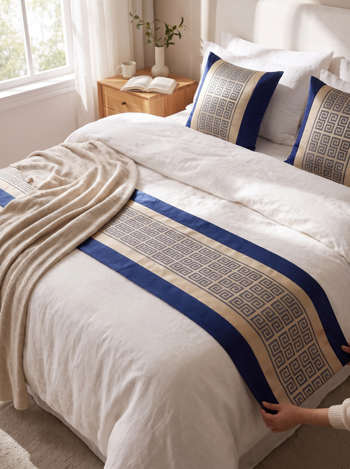 Geometric lattice bed runner finishing a made bed