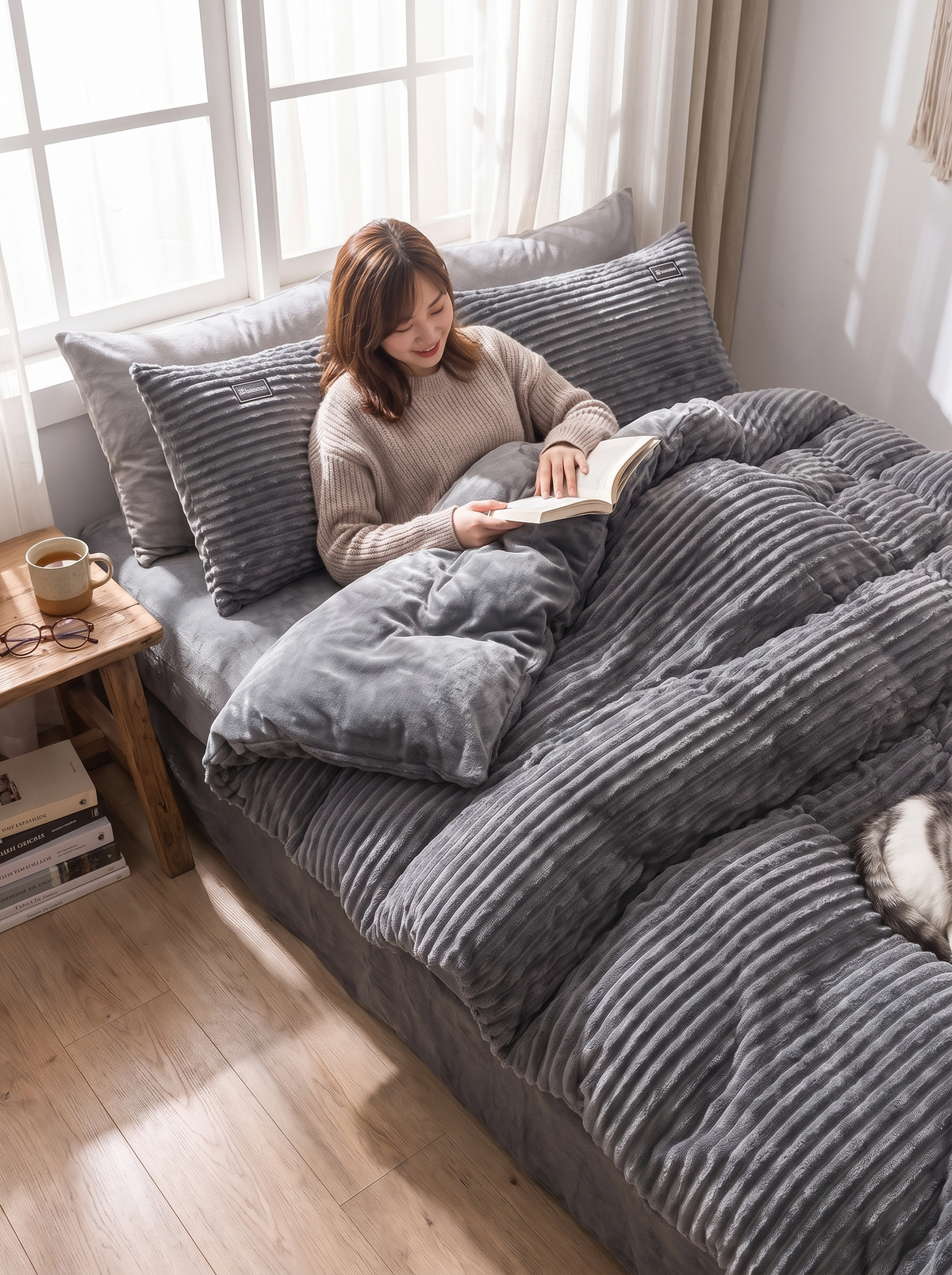 Thick double sided plush blanket on a bed