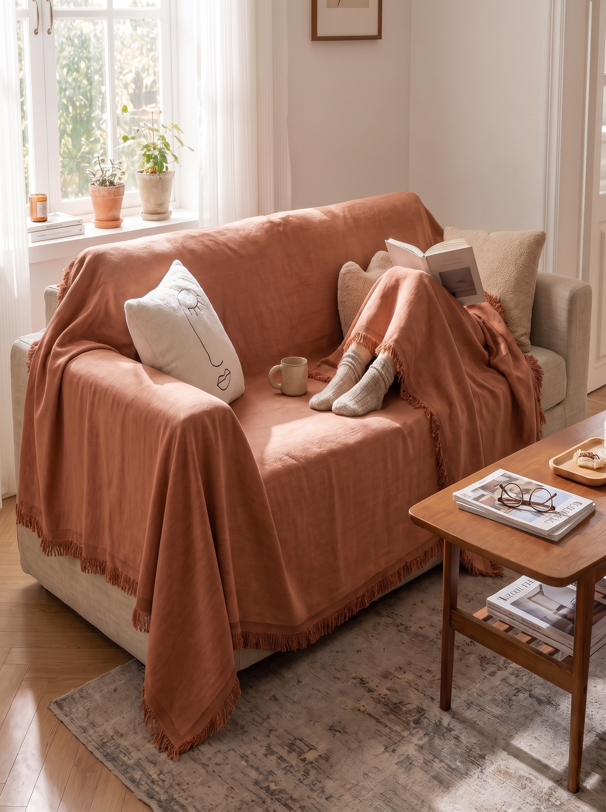 Nordic solid colour knitted fringe blanket in a room