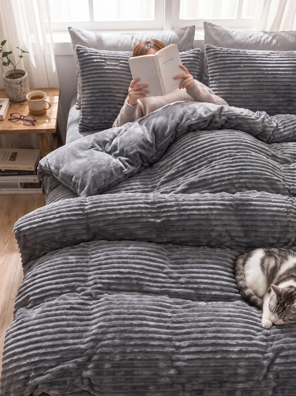 Plush blanket warming a bedroom in winter