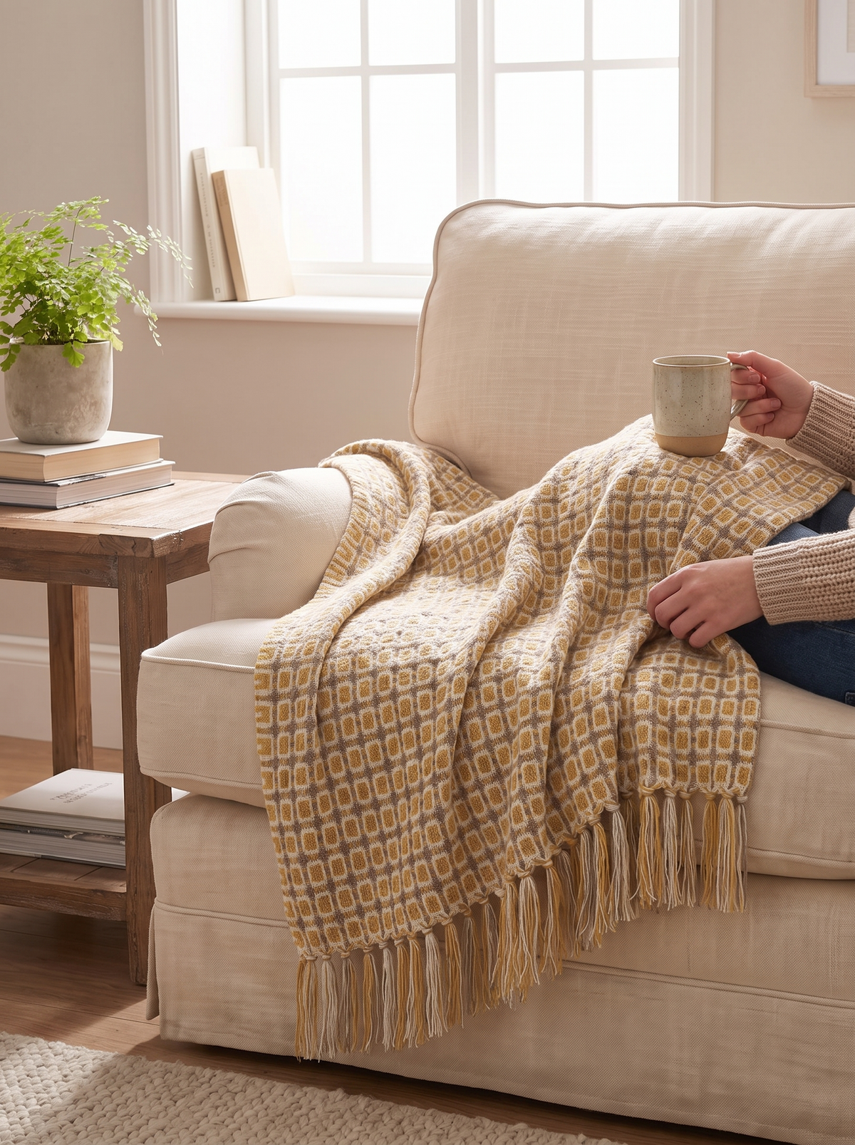 Yellow tassel knitted throw adding colour to a room