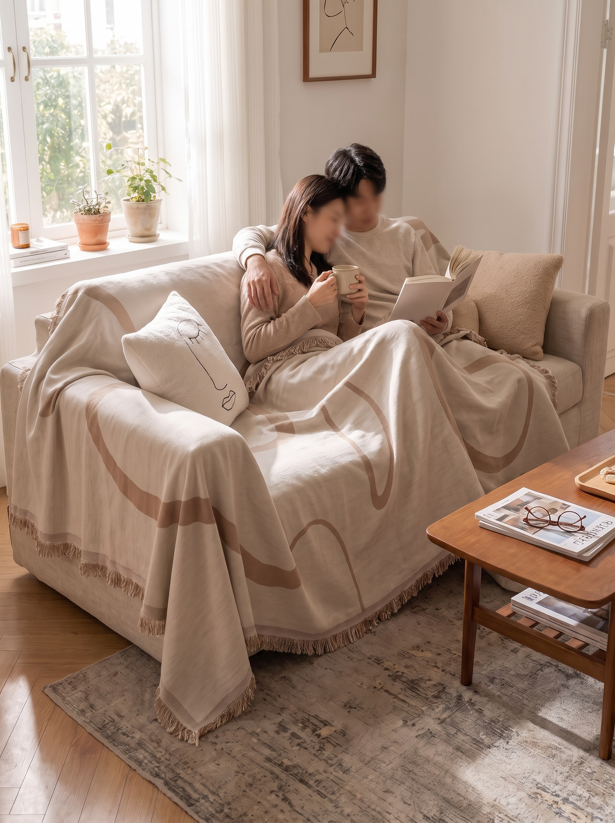 Large knitted fringe blanket shared on a sofa