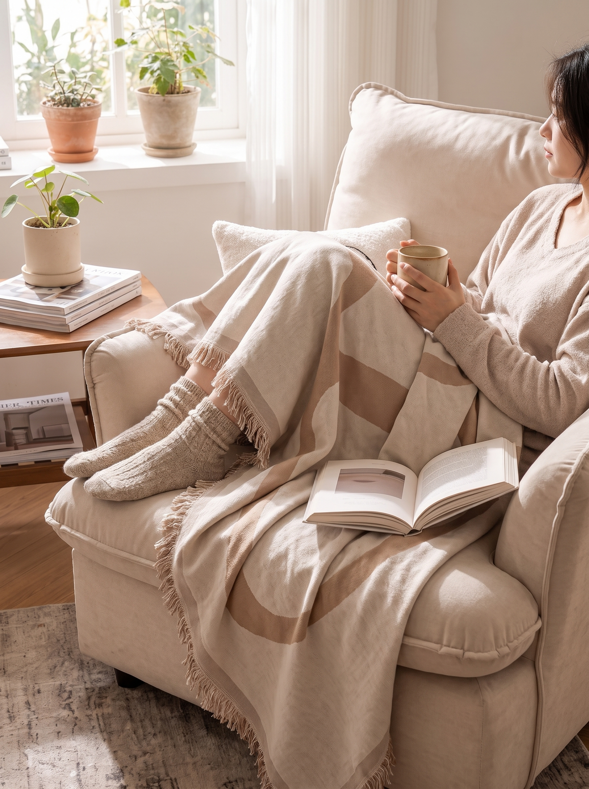 Cotton blend knitted fringe blanket close in use