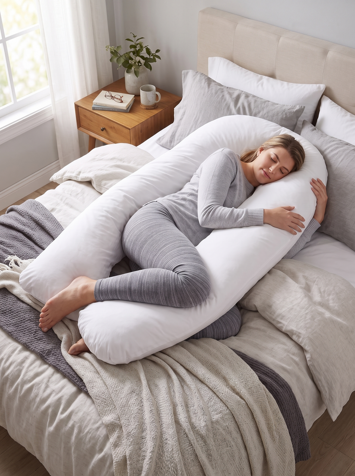 Body pillow insert holding its shape on a bed