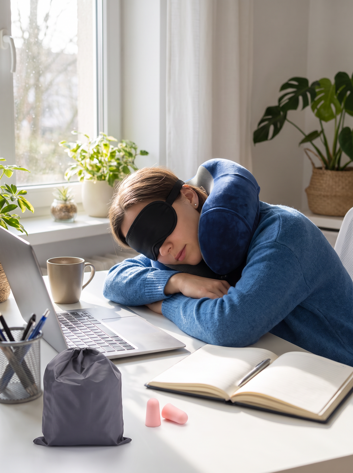 Travel neck pillow used on a plane and at a desk