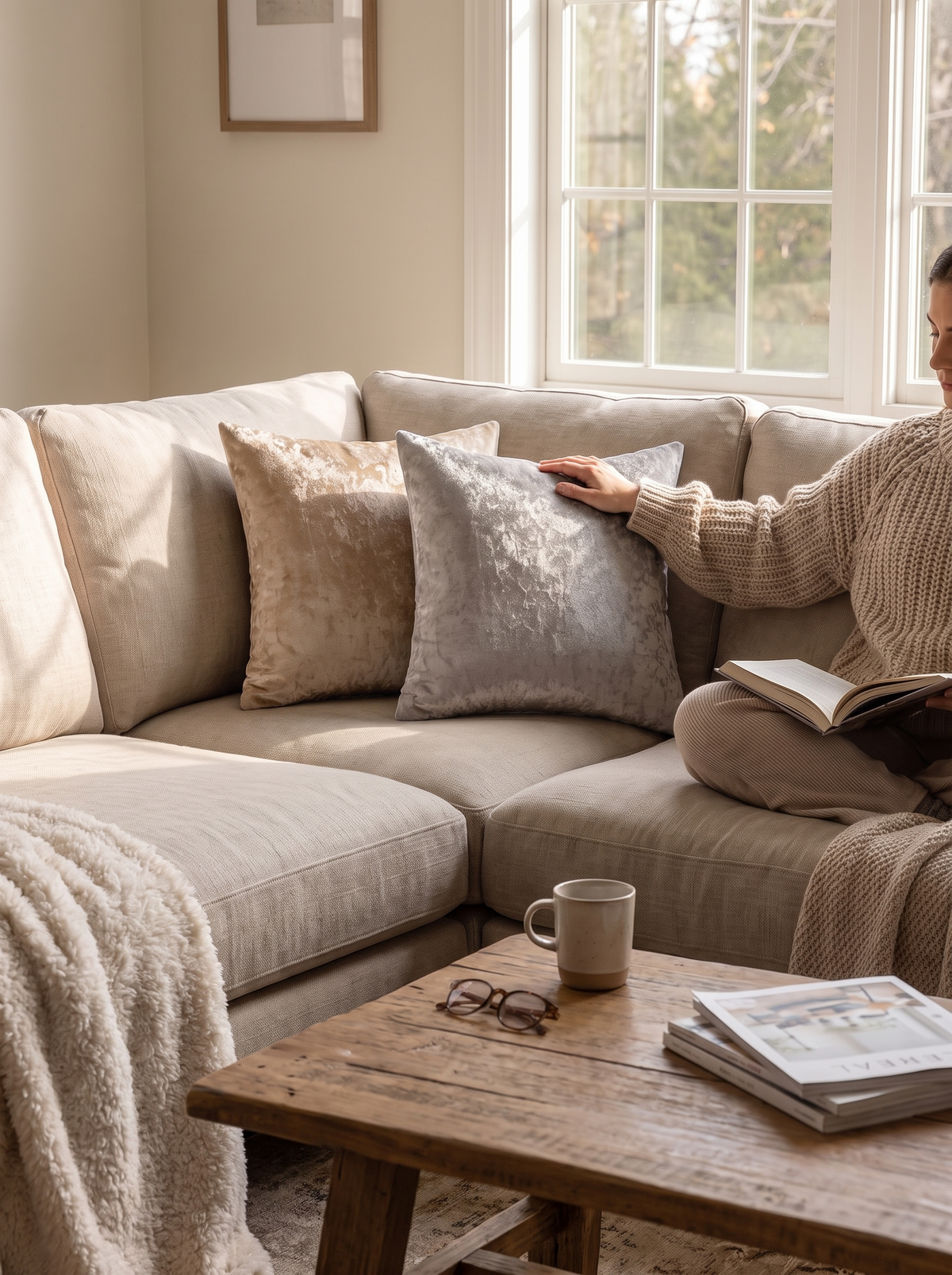Muted velvet cushions layered on a sofa