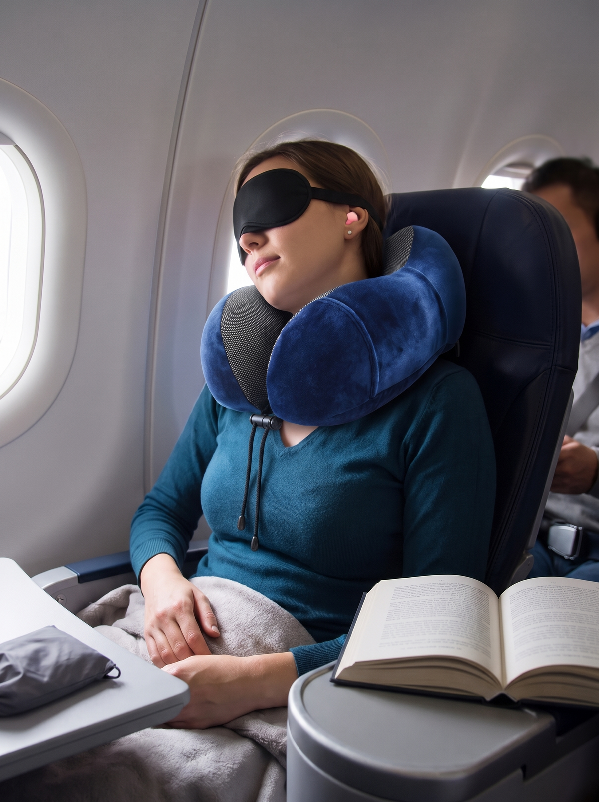 Memory foam U shaped neck pillow supporting a traveller