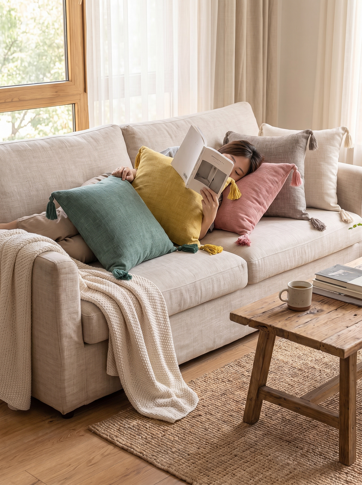Tassel corners on a linen look cushion cover